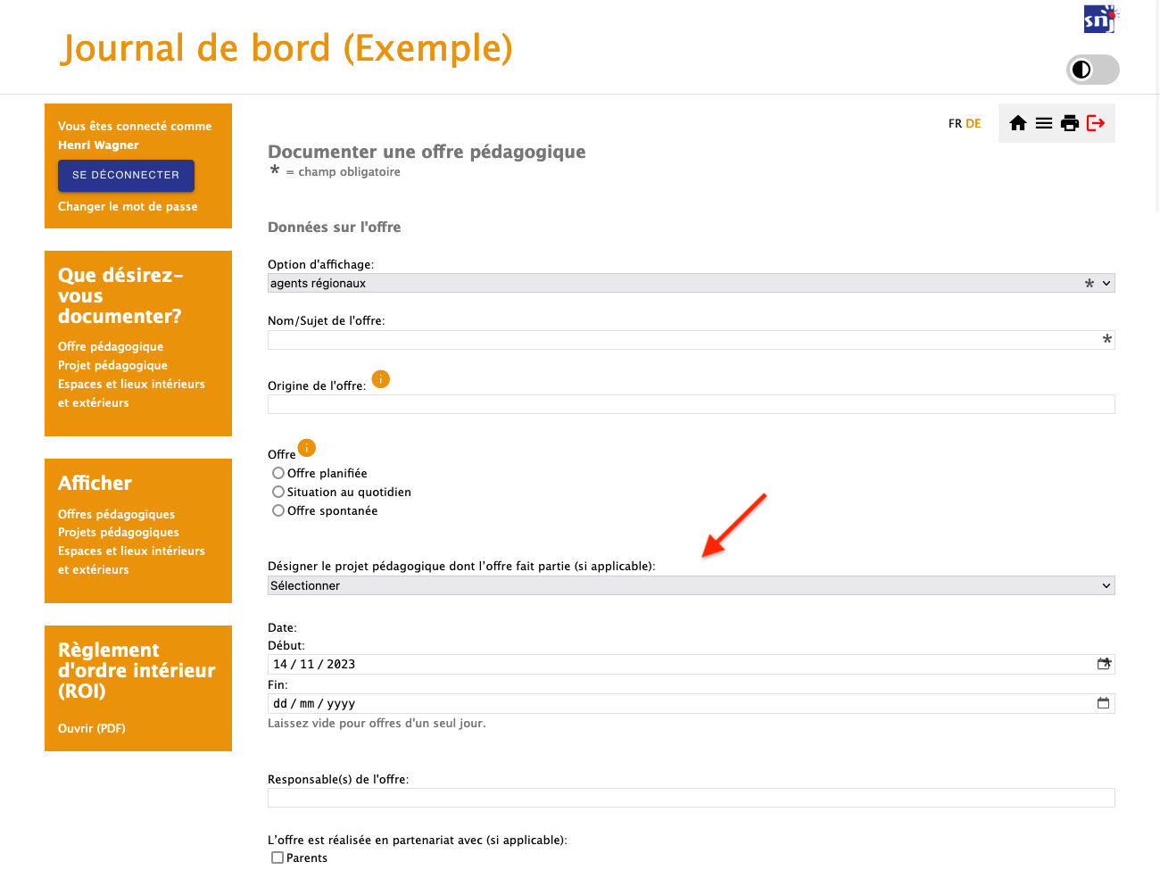 Capture d'écran avec le menu déroulant: projet dont l'offre fait partie