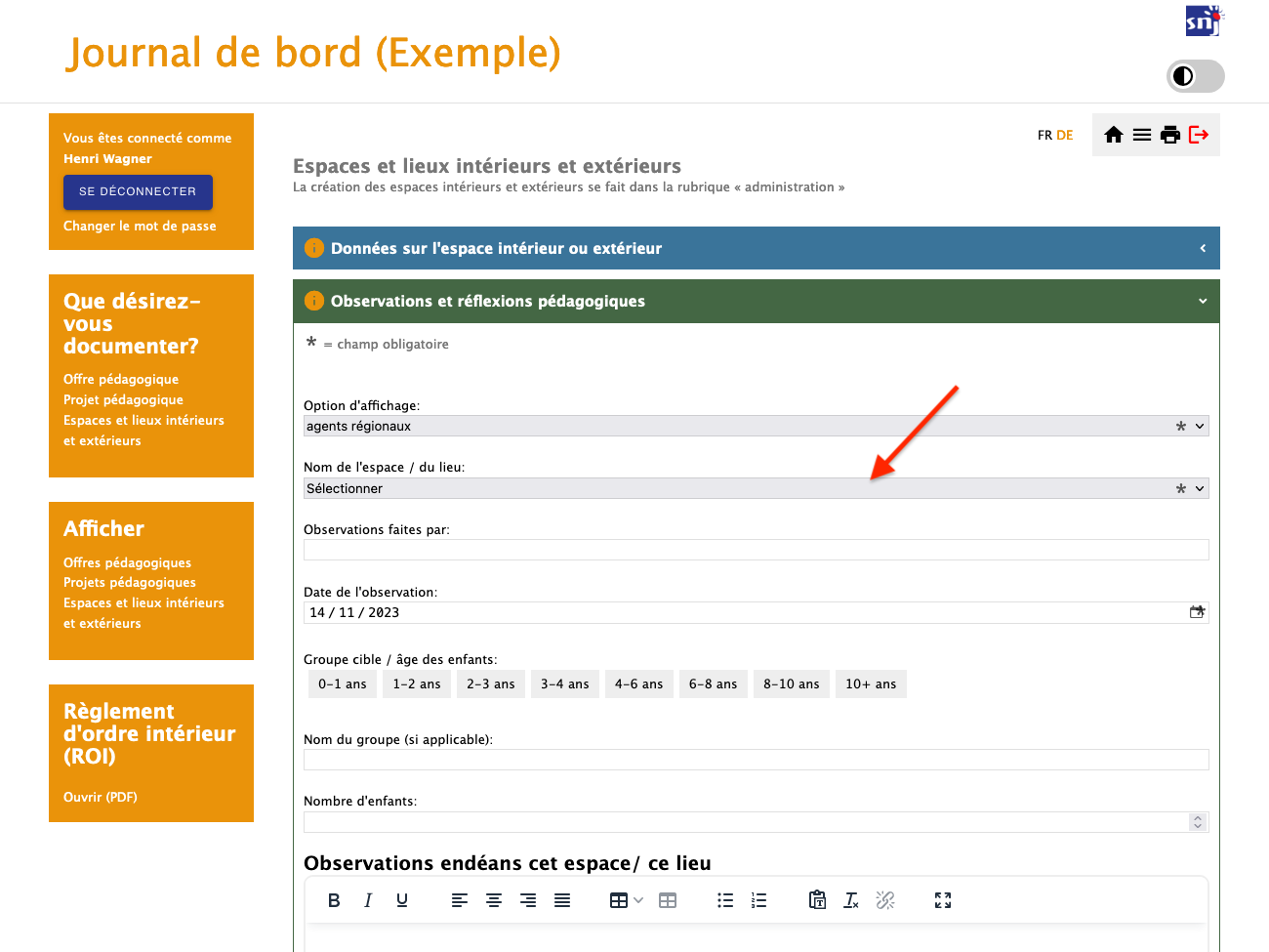 Capture d'écran qui montre le menu déroulant: Nom de l'espace / du lieu