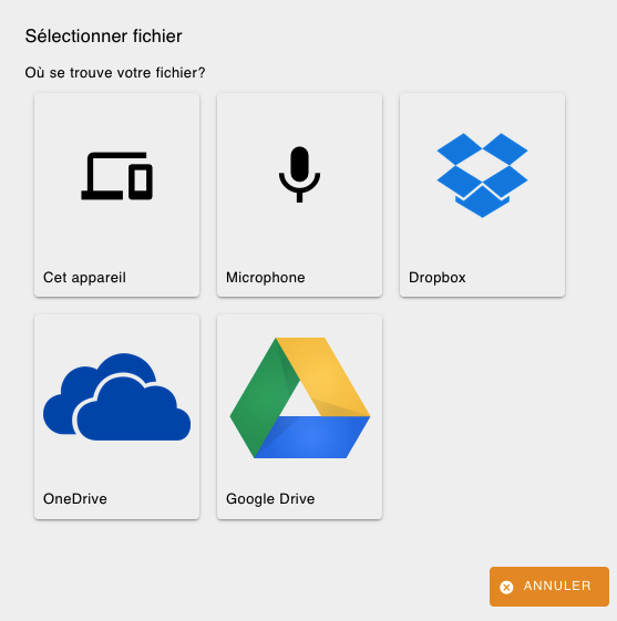 Dialogue qui offre le téléchargement d'un fichier par différentes sources: cet appareil, microphone, Dropbox, OneDrive, Google Drive